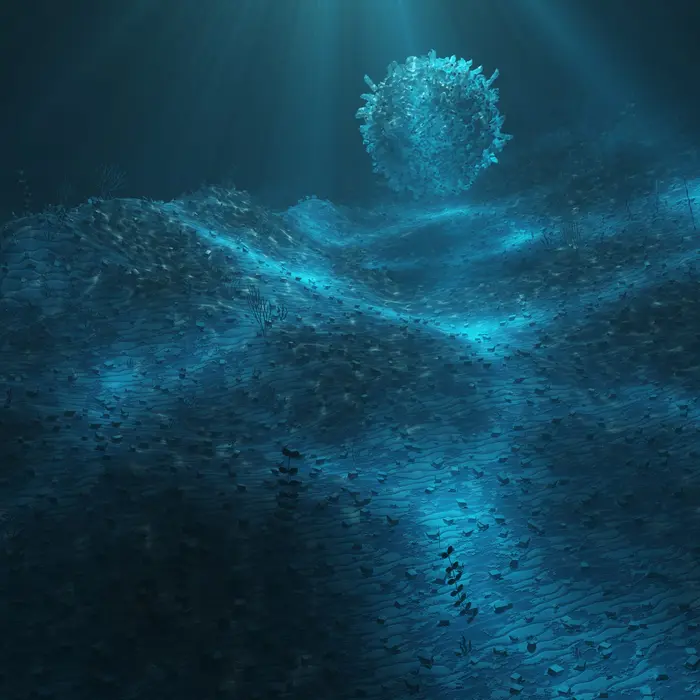 نزدیکنمایی از بستر دریا با مقدار زیادی زباله پلاستیکی به شکل توپ زباله پلاستیکی.