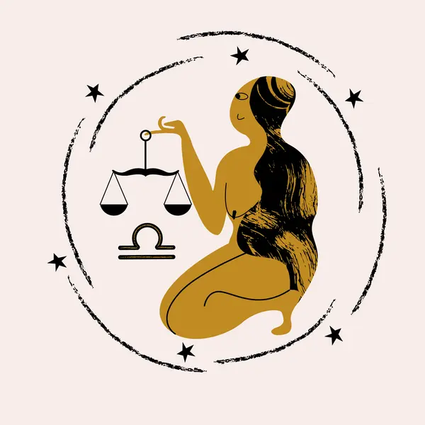برج میزان. زنی برهنه در حال نگه داشتن ترازوی عدالت. تصویر برداری وکتور.