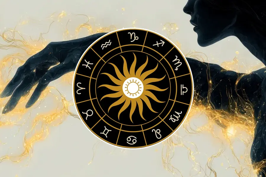 کلاژی شامل دو تصویر: تصویر ۱ دستی که سیمهای درهمپیچیده را میشکند، نماد غلبه بر موانع ارتباطی در عقبگرد مرکوری؛ حبابهای گفتار درخشانی به رنگهای طلایی و آبی؛ تصویر ۲ طالعبینی و نجوم؛ چرخ طالعنامه با دوازده نشانه زودیاک؛ دایرهٔ نجومی؛ تصویر برداری وکتور