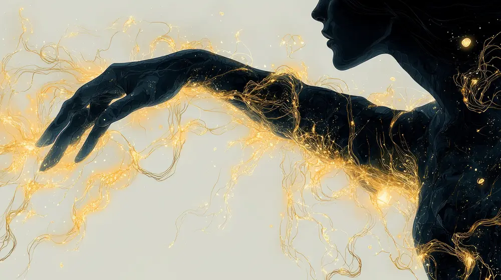 دست که سیمهای درهم را میشکند، نماد غلبه بر موانع ارتباطی در عقبگرد مرکوری؛ حبابهای گفتار درخشانی به رنگهای طلایی و آبی