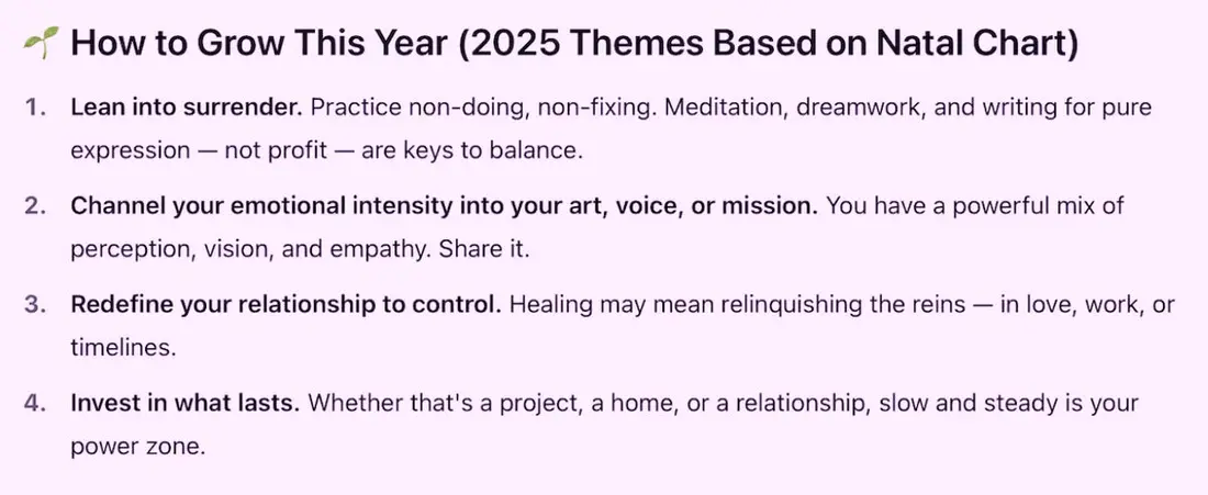 اسکرین‌شاتی از گزارش نجومی شخصی‌سازی‌شده تولیدشده توسط هوش مصنوعی از چت‌جی‌پی‌تی که توصیف می‌کند چگونه امسال بر اساس تفسیرم رشد شخصی داشته باشم