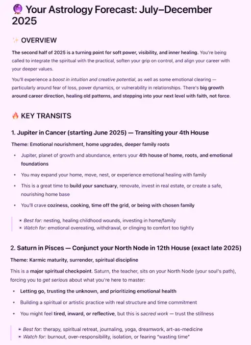 اسکرین‌شاتی از گزارش نجومی شخصی‌سازی‌شده تولیدشده توسط هوش مصنوعی از چت‌جی‌پی‌تی که پیش‌بینی جولای تا دسامبر ۲۰۲۵ من را توصیف می‌کند