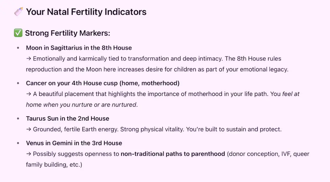 اسکرین‌شاتی از گزارش نجومی شخصی‌سازی‌شده تولیدشده توسط هوش مصنوعی از چت‌جی‌پی‌تی که پیش‌بینی می‌کند چه پنجره‌هایی را برای باردار شدن استفاده کنم