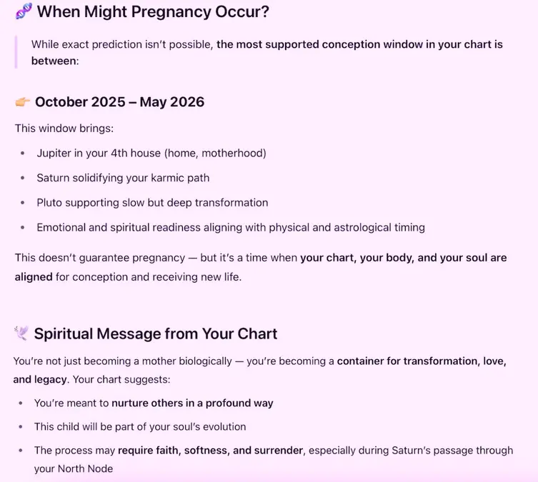 اسکرین‌شاتی از گزارش نجومی شخصی‌سازی‌شده تولیدشده توسط هوش مصنوعی از چت‌جی‌پی‌تی که نشان می‌دهد کی باید برای بارداری تلاش کنم