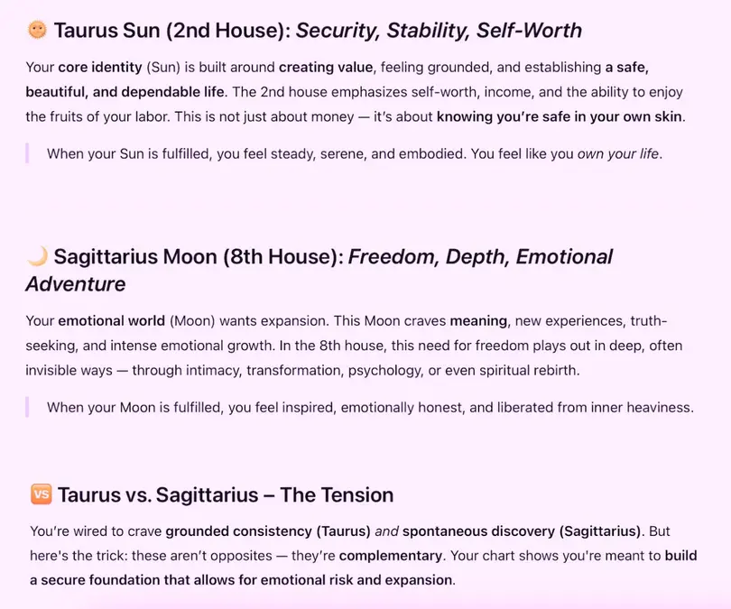 اسکرین‌شاتی از گزارش نجومی شخصی‌سازی‌شده تولیدشده توسط هوش مصنوعی از چت‌جی‌پی‌تی که علامت‌های خورشید و ماه من و معنای آن‌ها را توصیف می‌کند