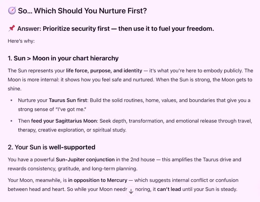 اسکرین‌شاتی از گزارش نجومی شخصی‌سازی‌شده تولیدشده توسط هوش مصنوعی از چت‌جی‌پی‌تی که علامت‌های خورشید و ماه من و اولویت‌بندی آن‌ها را توصیف می‌کند