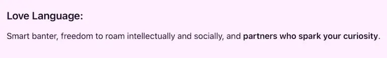 اسکرین‌شاتی از گزارش نجومی شخصی‌سازی‌شده تولیدشده توسط هوش مصنوعی از چت‌جی‌پی‌تی که زبان عشق من را توصیف می‌کند