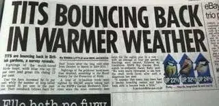 سرصفحهی روزنامه بهطرز طنزآمیز رشد جمعیت پرندگان کوچک را با افزایش دما گزارش میکند و شامل تصاویر کوچک این پرندگان است