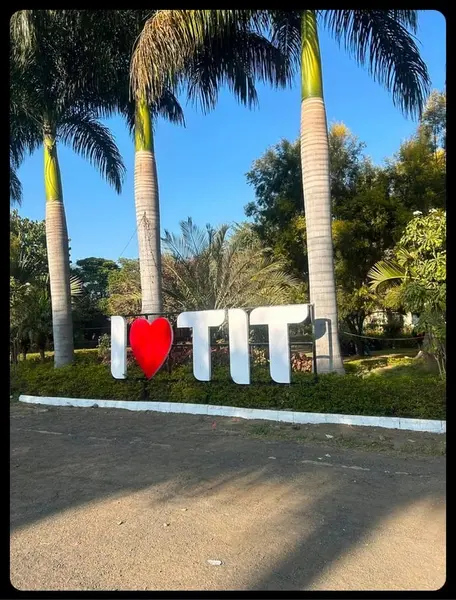 تابلو بزرگ با پسزمینهای از درختان نخل، با متن «من ❤️ TIT»