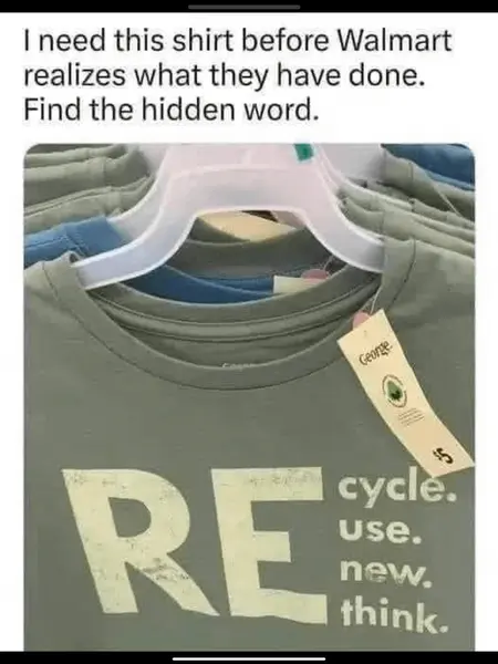 تیشرتهای آویزان با متن «REcycle. REuse. REnew. REthink.»؛ کلمه مخفی «Green»، برچسب «George»، سبک کژوال