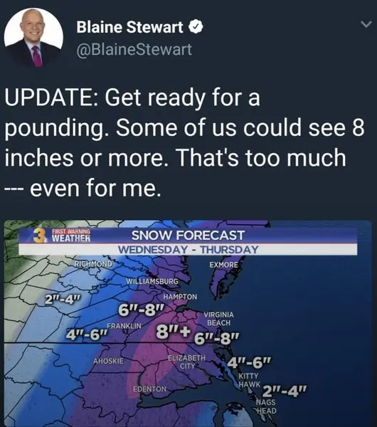 توییت شوخطبع درباره پیشبینی برفبار ۸ اینچ یا بیشتر در برخی نواحی، همراه با نظر طنزآمیز درباره میزان برف