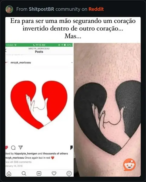 تصویری از تاتوی دست-قلب در مقایسه با طراحی مشابهی که آنلاین منتشر شده است، که تفاوت خندهدار یا غیرمنتظرهای بین دو طرح را نشان میدهد