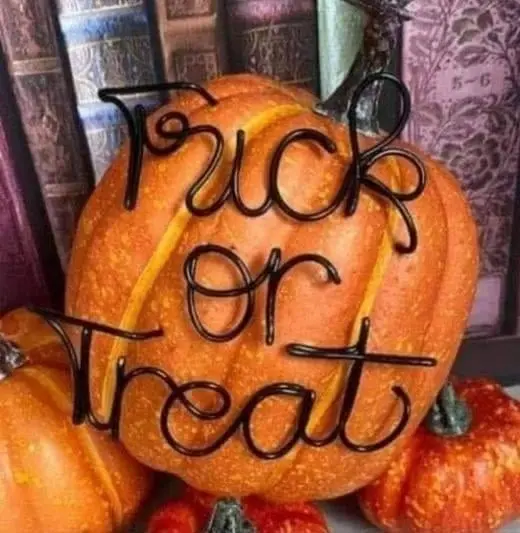 کدوی بزرگ با نوشته «Trick or Treat» که توسط کدوهای کوچکتر احاطه شده؛ کتابها در پسزمینه دیده میشوند