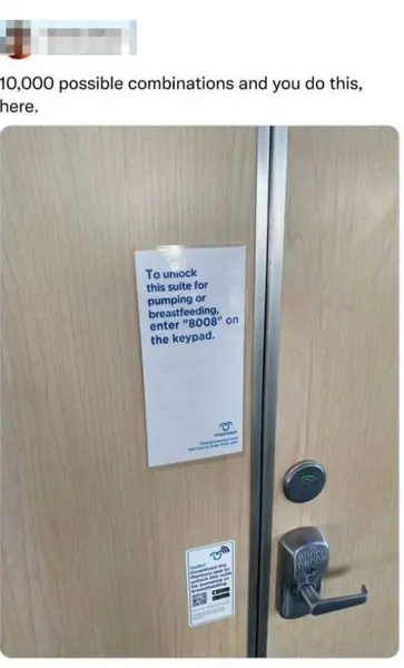 دری که کیپد دارد، علامتی میگوید: «برای باز کردن این سوئیت جهت پمپ یا شیردهی، عدد ۸۰۰۸ را در کیپد وارد کنید»