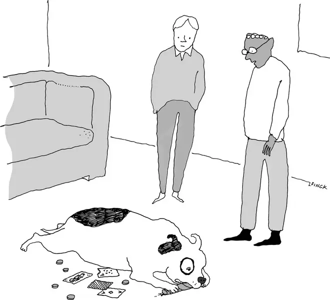 دو نفر که سگشان را مینگرند که سیگار میجویند و در اطراف چیپهای پوکر و کارتهای بازی میچرخند