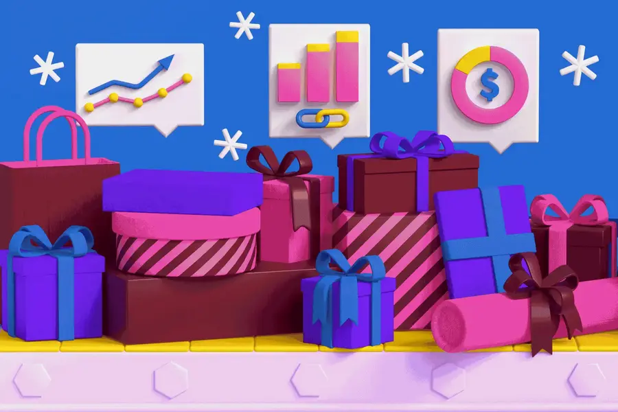 هدیه‌های بسته‌بندی شده به سبک انیمیشن سفالی که بر روی نوار نقاله حرکت می‌کنند.