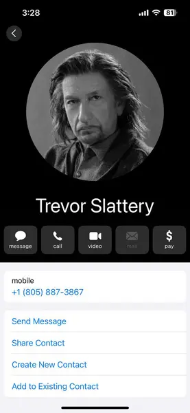 کارت تماس تروور اسلاتری روی آیفون