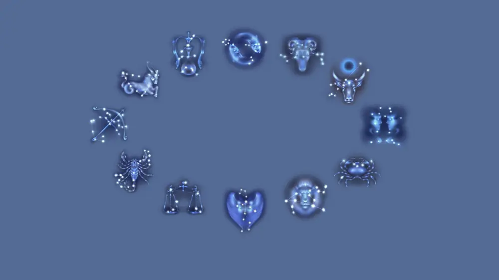 تمام نمادهای نشانه‌های نجومی بر پس‌زمینهٔ آبی که نمایانگر طالع‌نشان هفتگی است