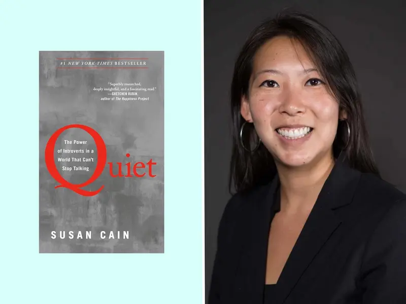 کریستینا شیم و کتاب «ساکت: قدرت درون‌گرایان در دنیایی که نمی‌تواند از حرف زدن دست بردارد» نوشته سوزان کین در کنار هم