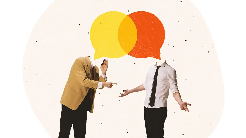 کلاژ هنر معاصر. دو نفر در حال گفتگو، مردی مشاوره می‌دهد و به کارمند دیگری کمک می‌کند